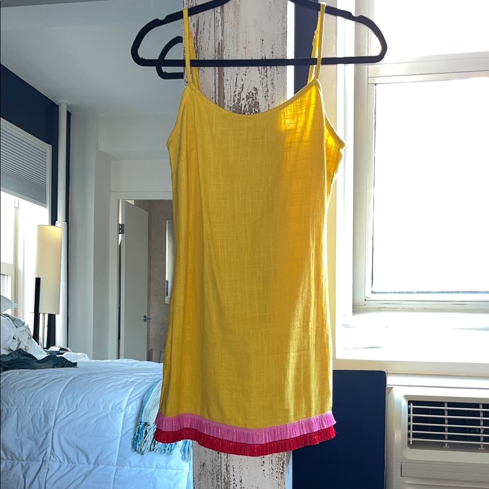 STAUD Yellow Mini Dress with Pink and Red Fringe